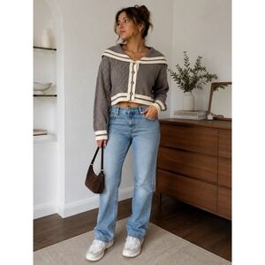 J.ING Cable Knit Sailor Collar Cropped Sweater Gray Cream One Size
